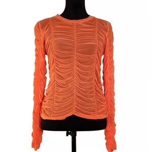 Davi & Dani Neon Orange Mesh Long Sleeve Ruched Stretchy Top Size Small NWT